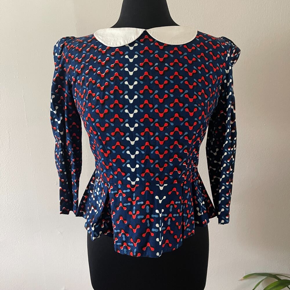 By Natacha Baco L'initiee Peplum Top M Peter Pan Collar Retro Geometric Flaw